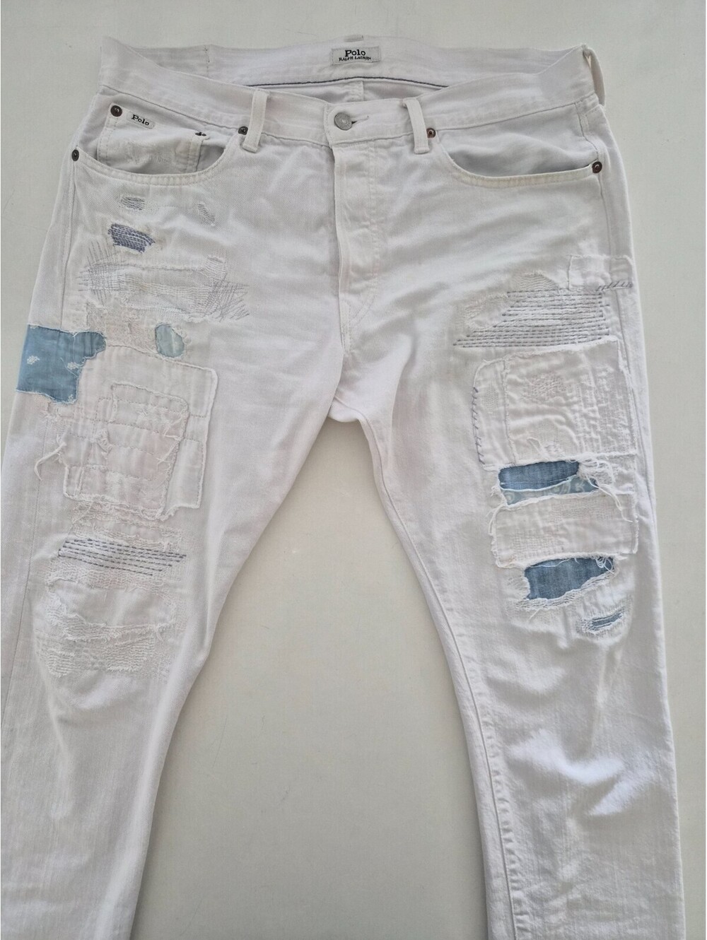 Polo Ralph Lauren Sullivan Slim White Distressed Patchwork Jeans 34x32 Boro